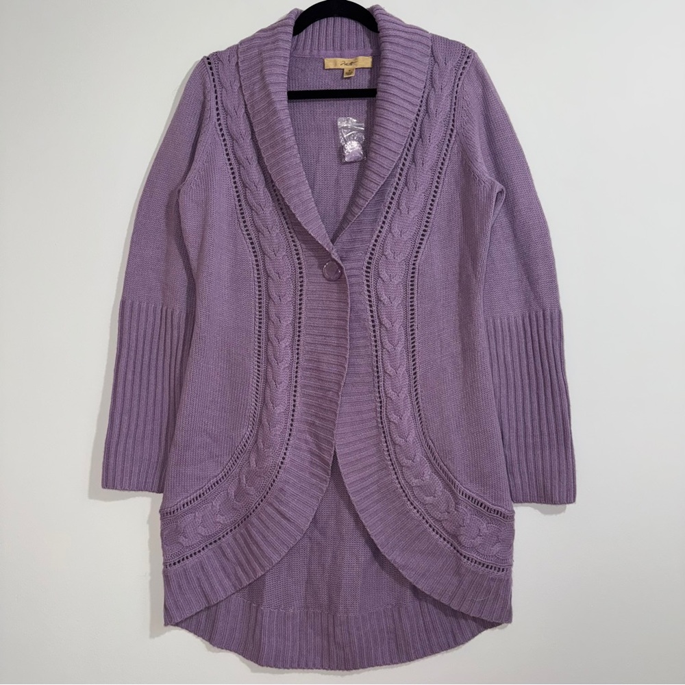 Cozy Purple Knit Cable Shawl Collar Cardigan Sweater Women’s Size M